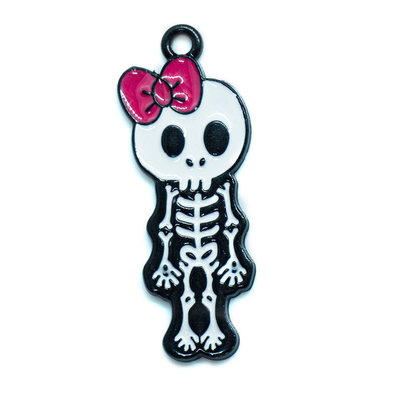 Load image into Gallery viewer, Enamel Skeleton Charm 34mm x 11mm Pink, Black & White - Affordable Jewellery Supplies