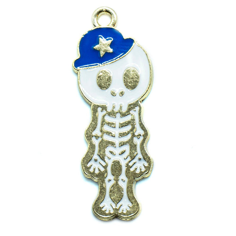 Load image into Gallery viewer, Enamel Skeleton Charm 34mm x 11mm Blue, Gold & White - Affordable Jewellery Supplies
