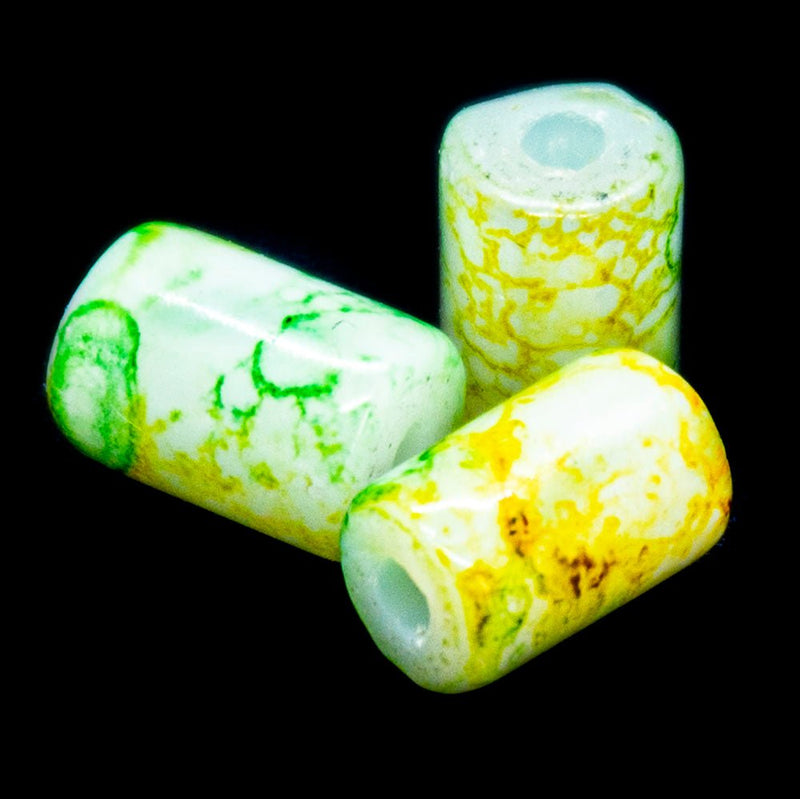 Load image into Gallery viewer, Glass Tubes with Veining 6mm x 4mm Green & Yellow - Affordable Jewellery Supplies