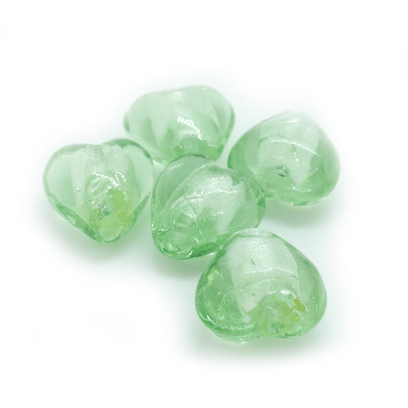 Load image into Gallery viewer, Handmade Silver Foil Lined Lampwork Heart Beads 12mm x 12mm x 9mm Green - Affordable Jewellery Supplies
