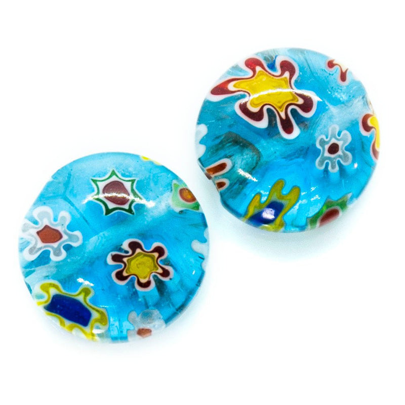 Load image into Gallery viewer, Millefiori Glass Coin Bead with Flower 10mm x 4mm Aqua & Yellow - Affordable Jewellery Supplies