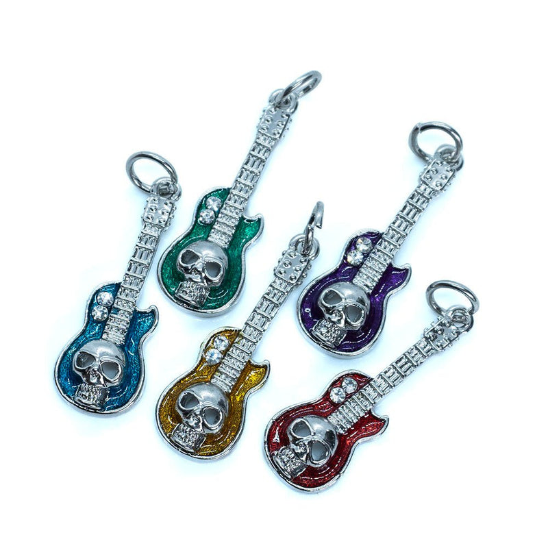 Load image into Gallery viewer, Rhinestone Skull Guitar Pendant 32mm x 12mm Teal - Affordable Jewellery Supplies
