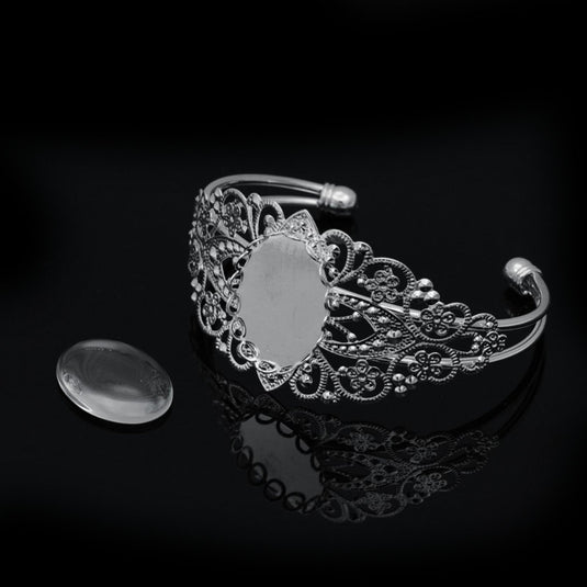 Filigree Brass Cuff Bangle with Oval Transparent Glass Cabochon 5.7cm x 3.6cm Silver - Affordable Jewellery Supplies