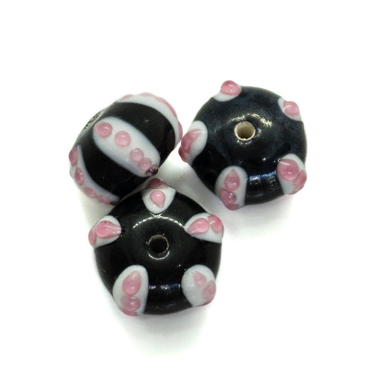 Lampwork Glass Patterned Rondelle 15mm x 9mm Black, Pink & White - Affordable Jewellery Supplies
