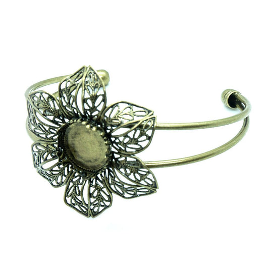 Brass Filigree Flower Cabochon Setting Cuff Bangle 6.2cm Antique Bronze - Affordable Jewellery Supplies