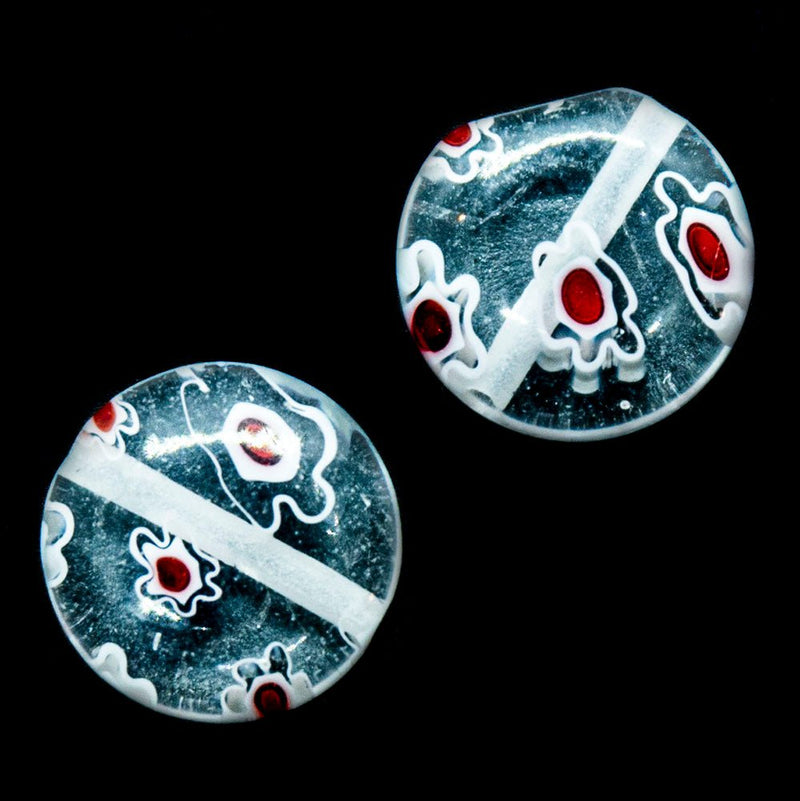 Load image into Gallery viewer, Millefiori Glass Coin Bead with Flower 10mm x 4mm Red & White - Affordable Jewellery Supplies