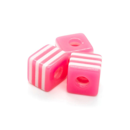 Bubblegum Striped Cubes 10mm Pink Flouro - Affordable Jewellery Supplies