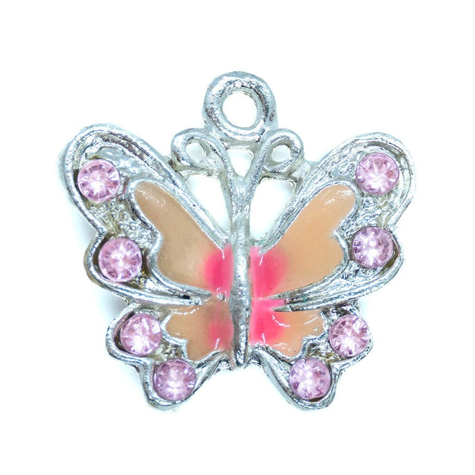 Enamelled Rhinestone Butterfly Charm 22mm x 20mm Pink - Affordable Jewellery Supplies