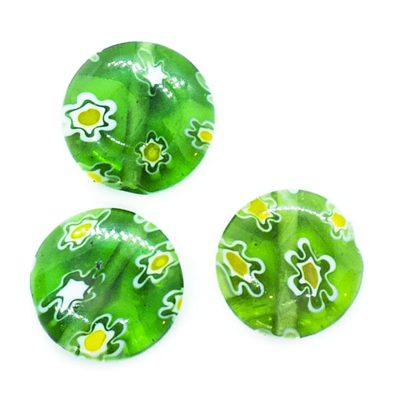 Load image into Gallery viewer, Millefiori Glass Coin Bead with Flower 10mm x 4mm Green - Affordable Jewellery Supplies