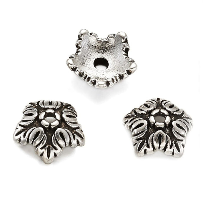 Tibetan Style 5-Petal Bead Caps 10mm x 4mm Antique Silver - Affordable Jewellery Supplies