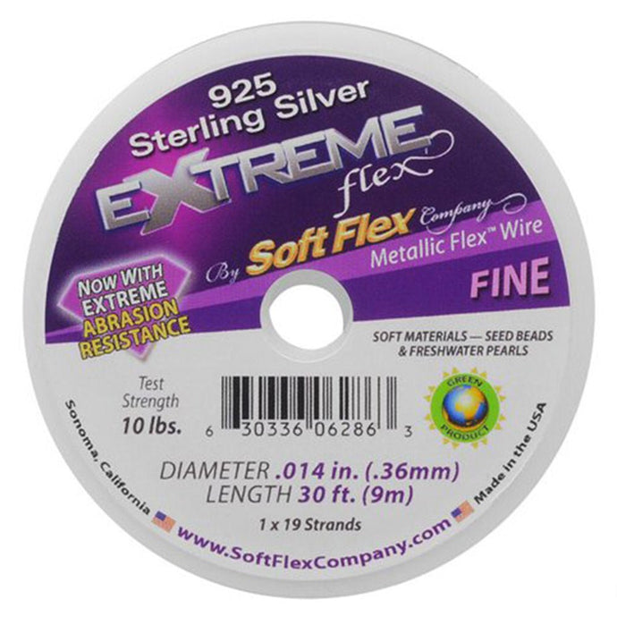 925 Sterling Silver Soft Flex Extreme 19 Strand Fine Beading Wire Silver Plated .36mm 9m (30ft) Silver - AJS