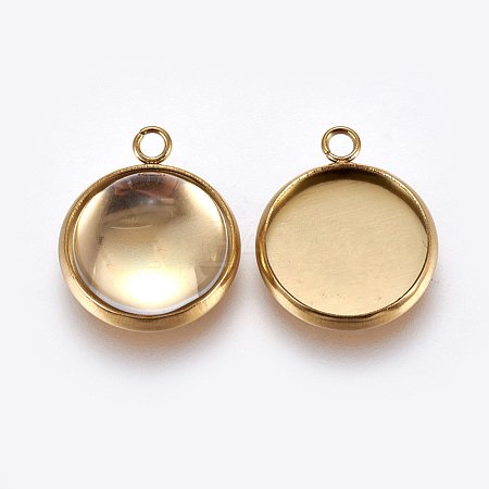304 Stainless Steel Round Pendant Cabochon Setting with Glass Dome 17mm x 14mm x 2mm Gold - Affordable Jewellery Supplies