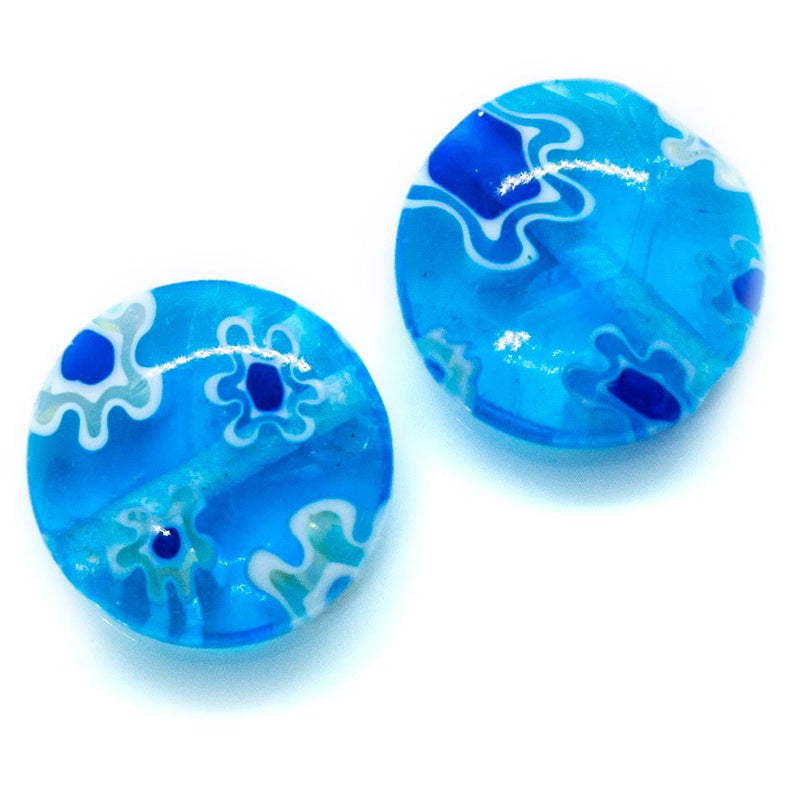 Load image into Gallery viewer, Millefiori Glass Coin Bead with Flower 10mm x 4mm Aqua - Affordable Jewellery Supplies