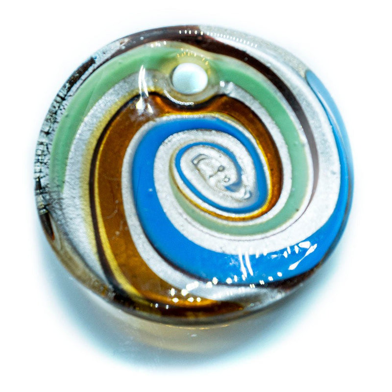 Load image into Gallery viewer, Murano Lampworked Oval Pendant with Swirls 42mm x 36mm Green, Blue &amp; Gold - Affordable Jewellery Supplies
