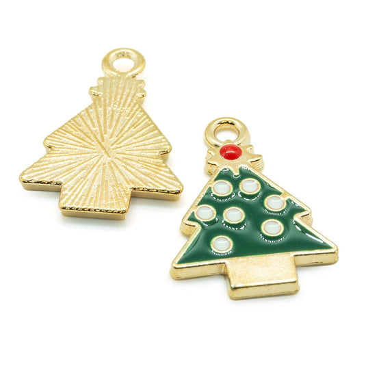 Enamel Christmas Tree Charm 20mm x 15mm Green, White, Gold - Affordable Jewellery Supplies