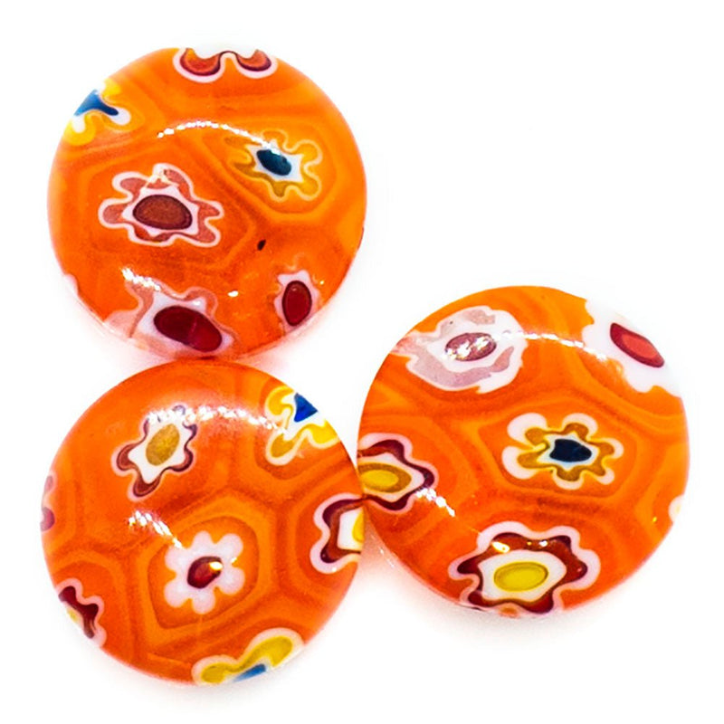 Load image into Gallery viewer, Millefiori Glass Coin Bead with Flower 10mm x 4mm Orange - Affordable Jewellery Supplies
