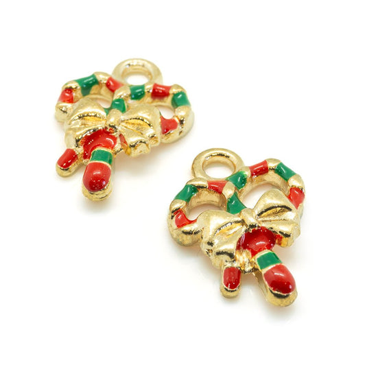 Enamel Christmas Candy Cane Charm 20mm x 13mm Red, Green & Gold - Affordable Jewellery Supplies