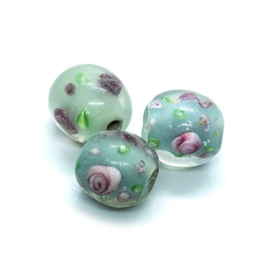 Lampwork Glass Round Beads 10mm Sage & pink roses - Affordable Jewellery Supplies