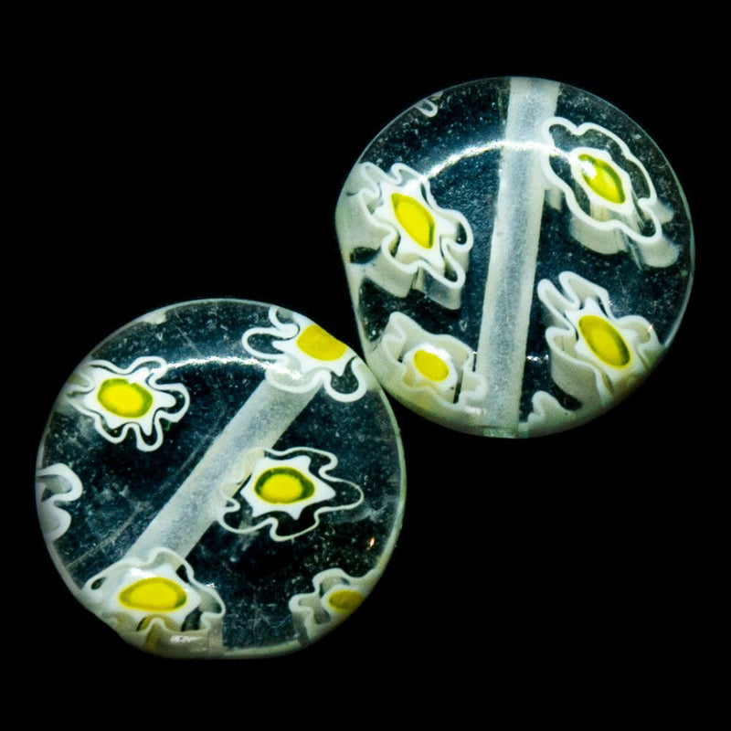 Load image into Gallery viewer, Millefiori Glass Coin Bead with Flower 10mm x 4mm Clear & Yellow - Affordable Jewellery Supplies