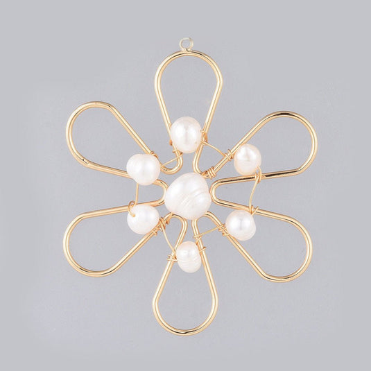 Wire Wrapped Pearl Pendant 61mm x 51mm x 9.5mm Gold & Natural Pearl - Affordable Jewellery Supplies