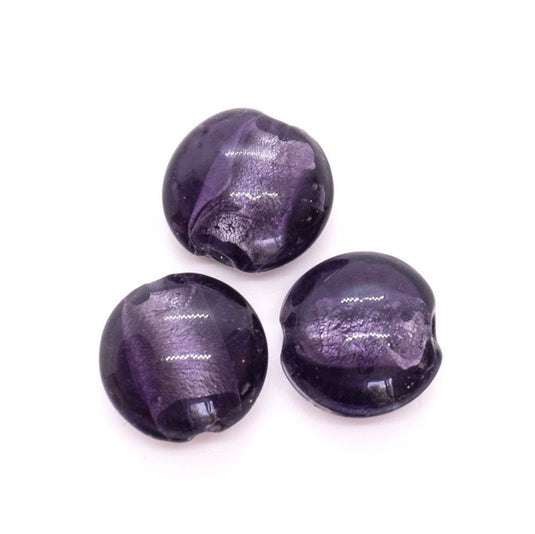 Silver Foil Lined Flat Oval Glass Bead 16mm x 16mm x 9mm Purple - Affordable Jewellery Supplies