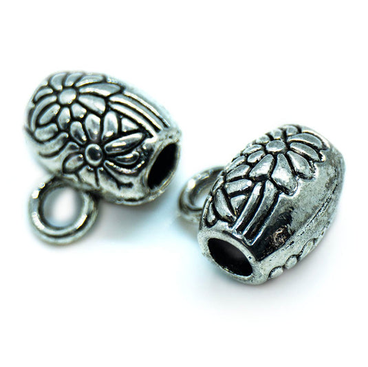 Oval Metal Barrel Bead with Flower Design and Loop 8mm x 6mm Antique Silver - Affordable Jewellery Supplies