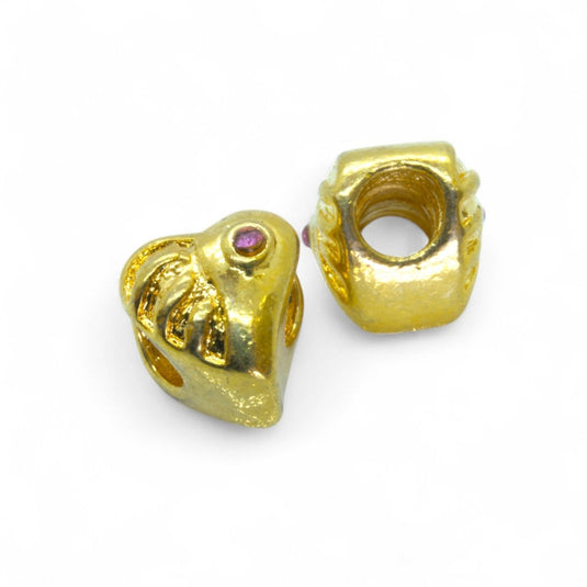 European Heart Bead with pink rhinestone. 10mm x 9mm Gold - Affordable Jewellery Supplies