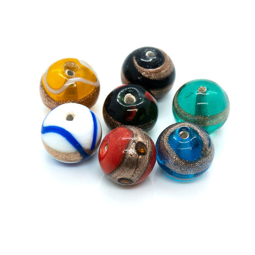Indian Glass Lampwork Round Bead with Gold Lines 12mm Emerald - Affordable Jewellery Supplies