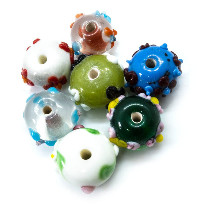 Glass Rondelle Applique Beads 14mm x 9mm Clear with blue flowers, purple centre - Affordable Jewellery Supplies