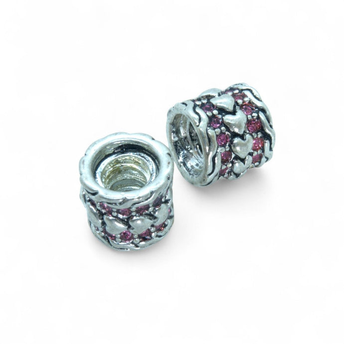 European Pink Rhinestone Heart Bead 10.5mm x 9mm Silver - Affordable Jewellery Supplies