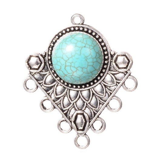 Tibetan Style Triangle Alloy Chandelier Connector with Synthetic Turquoise 42mm x 36.5mm x 8mm Antique Silver & Turquoise - Affordable Jewellery Supplies