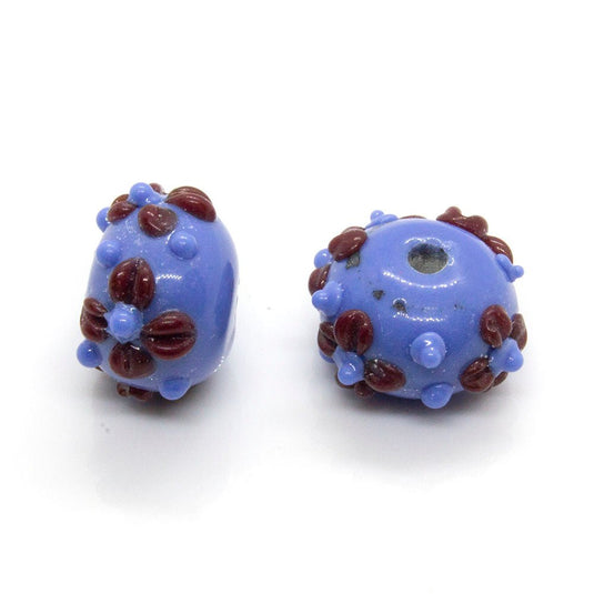 Glass Rondelle Applique Beads 14mm x 9mm Purple with burgundy flowers - Affordable Jewellery Supplies