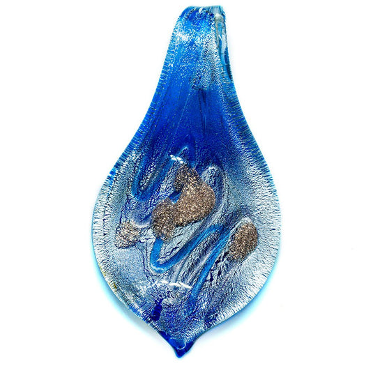 Murano Lampwork Glass Pendant Lines and Dots 60mm x 35mm Blue, Silver & Gold - Affordable Jewellery Supplies