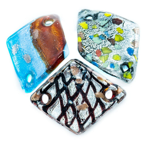 Murano 2 - Holed Diamond Lampwork Glass Pendant 48mm x 34mm Black with Multicoloured Dots - Affordable Jewellery Supplies