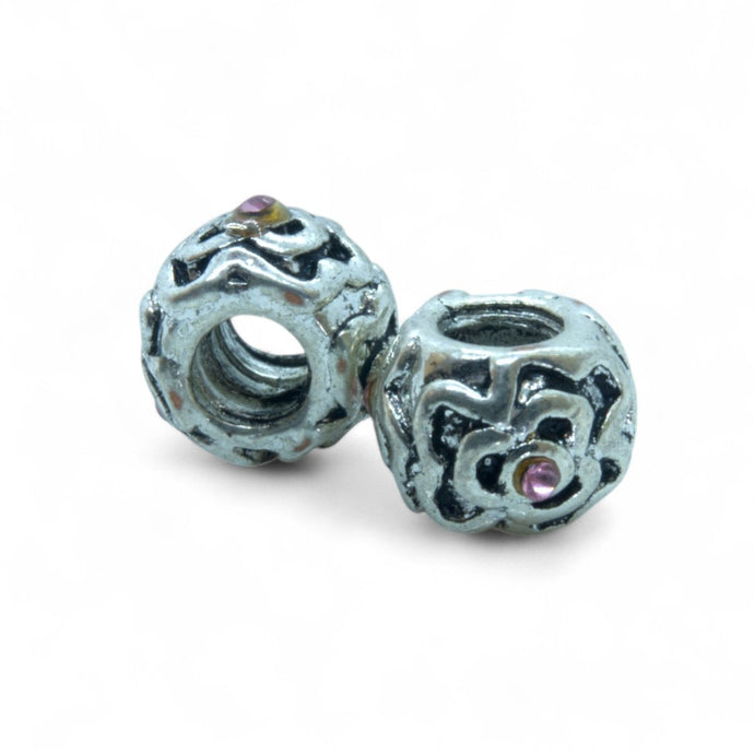 European Flower Bead with pink rhinestones 10mm x 7mm Silver - Affordable Jewellery Supplies