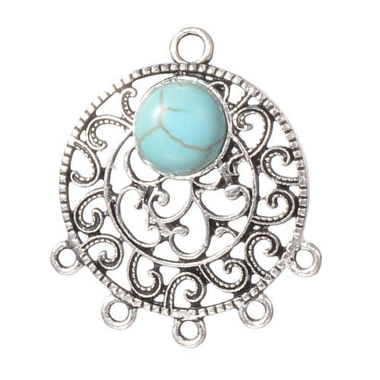 Tibetan Style Alloy Chandelier Connector with Synthetic Turquoise 35mm x 30mm x 6mm Antique Silver & Turquoise - Affordable Jewellery Supplies