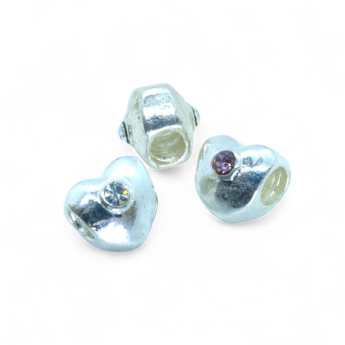 European Heart Bead with Rhinestones 10mm x 10mm Silver Pink - Affordable Jewellery Supplies