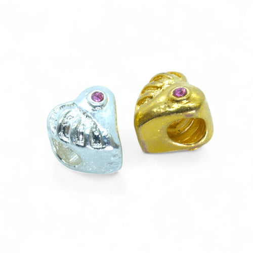 European Heart Bead with pink rhinestone. 10mm x 9mm Silver - Affordable Jewellery Supplies