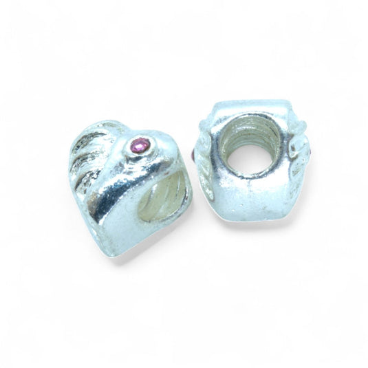 European Heart Bead with pink rhinestone. 10mm x 9mm Silver - Affordable Jewellery Supplies
