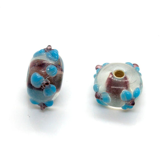 Glass Rondelle Applique Beads 14mm x 9mm Clear with blue flowers, purple centre - Affordable Jewellery Supplies