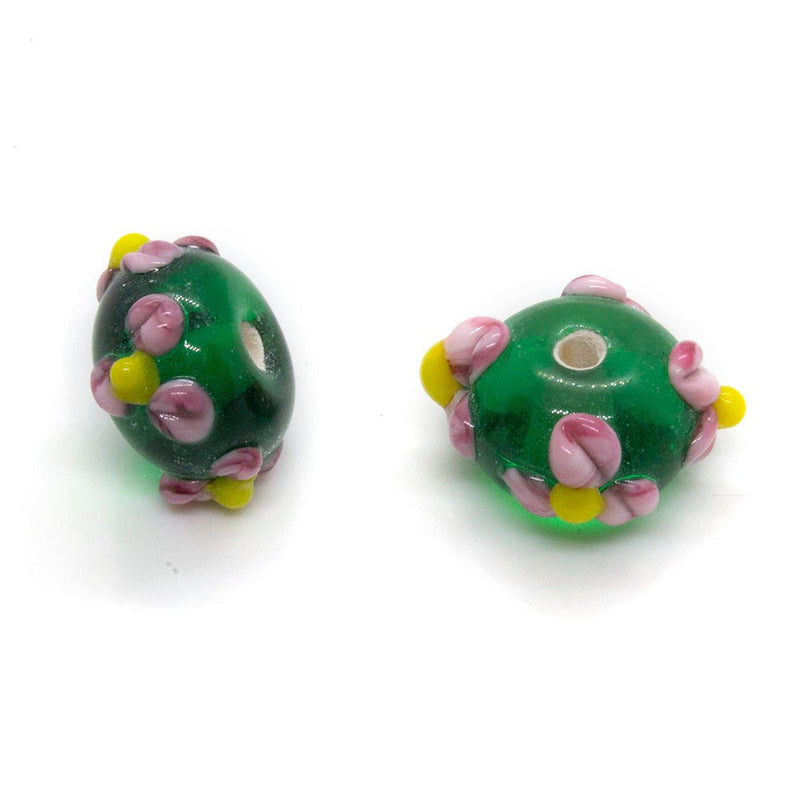 Load image into Gallery viewer, Glass Rondelle Applique Beads 14mm x 9mm Green with pink/yellow flowers - Affordable Jewellery Supplies
