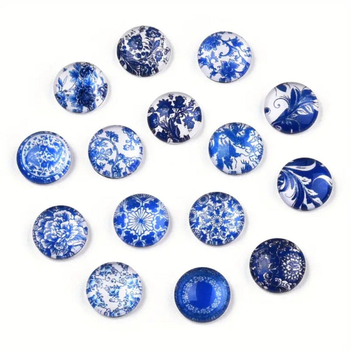 Blue And White Floral Printed Glass Cabochons 12mm x 5mm Blue and White - Affordable Jewellery Supplies