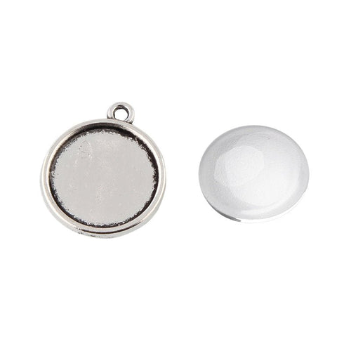 Round Pendant Cabochon Setting with Glass Dome 22mm x 19mm x 2mm Antique Silver - Affordable Jewellery Supplies