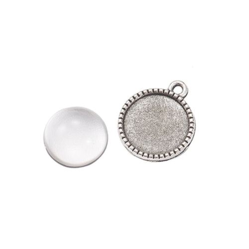 Tibetan Style Round Pendant Setting with Glass Dome 20mm x 16.5mm x 2mm Antique Silver - Affordable Jewellery Supplies