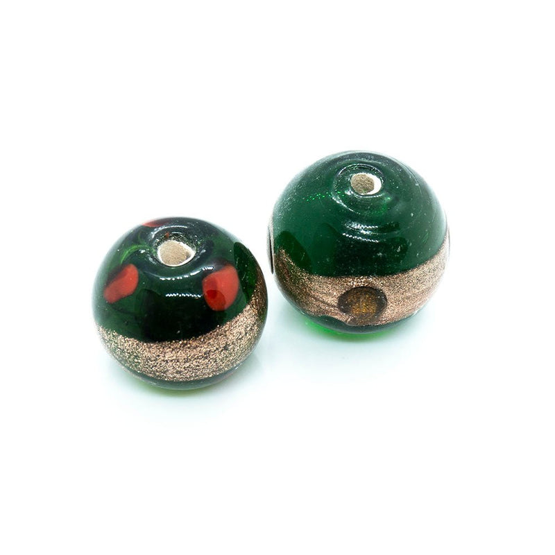 Load image into Gallery viewer, Indian Glass Lampwork Round Bead with Gold Lines 12mm Green - Affordable Jewellery Supplies

