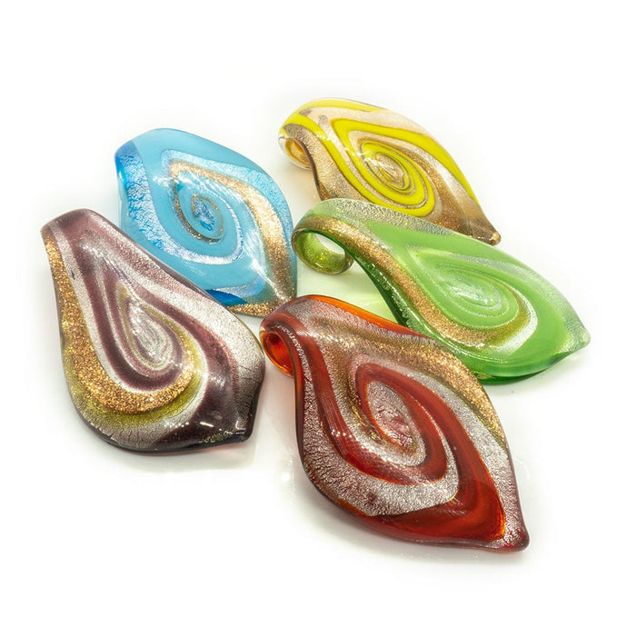 Murano Lampwork Pendant - Tongue Swirl 64mm x 36mm Green and Gold - Affordable Jewellery Supplies