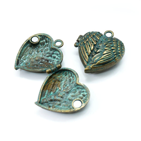 Angel Wing Hinged Locket 31mm x 30mm Green Patina - Affordable Jewellery Supplies