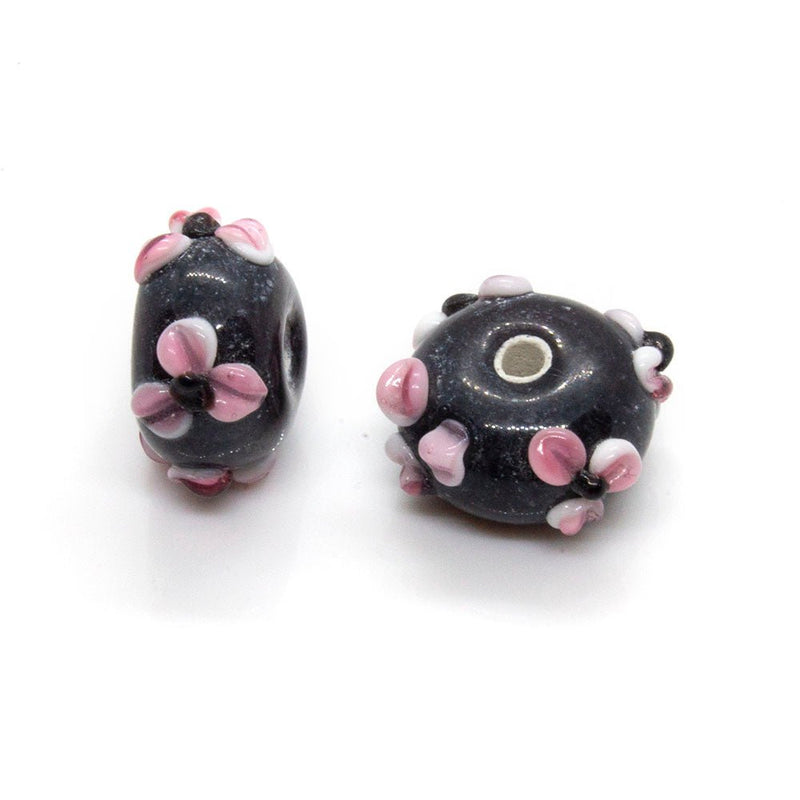Load image into Gallery viewer, Glass Rondelle Applique Beads 14mm x 9mm Black with pink flowers - Affordable Jewellery Supplies
