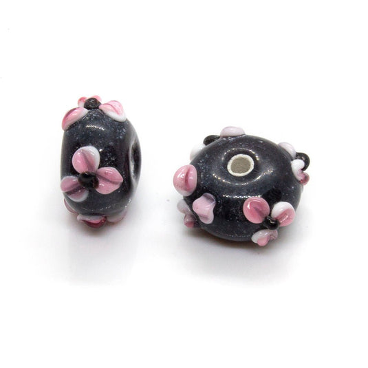 Glass Rondelle Applique Beads 14mm x 9mm Black with pink flowers - Affordable Jewellery Supplies