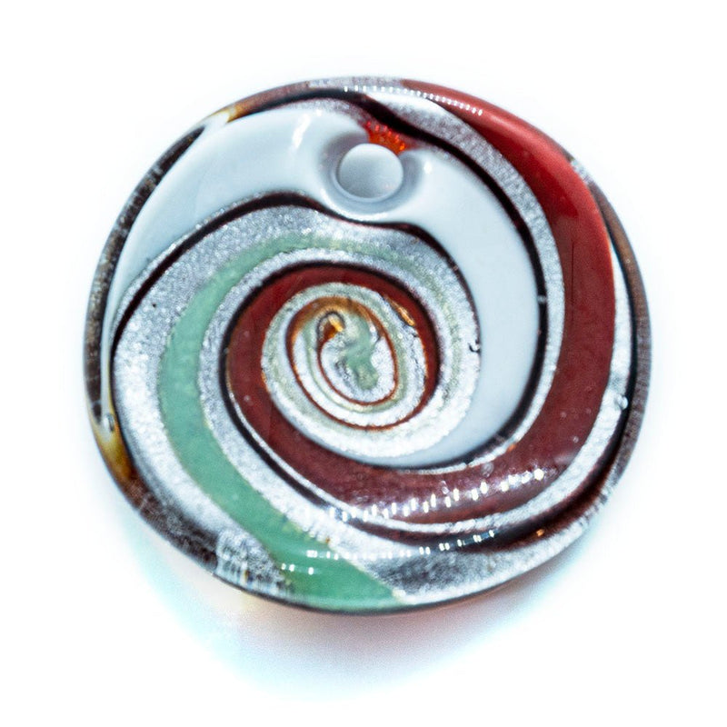 Load image into Gallery viewer, Murano Lampworked Oval Pendant with Swirls 42mm x 36mm Green, Red &amp; Silver - Affordable Jewellery Supplies
